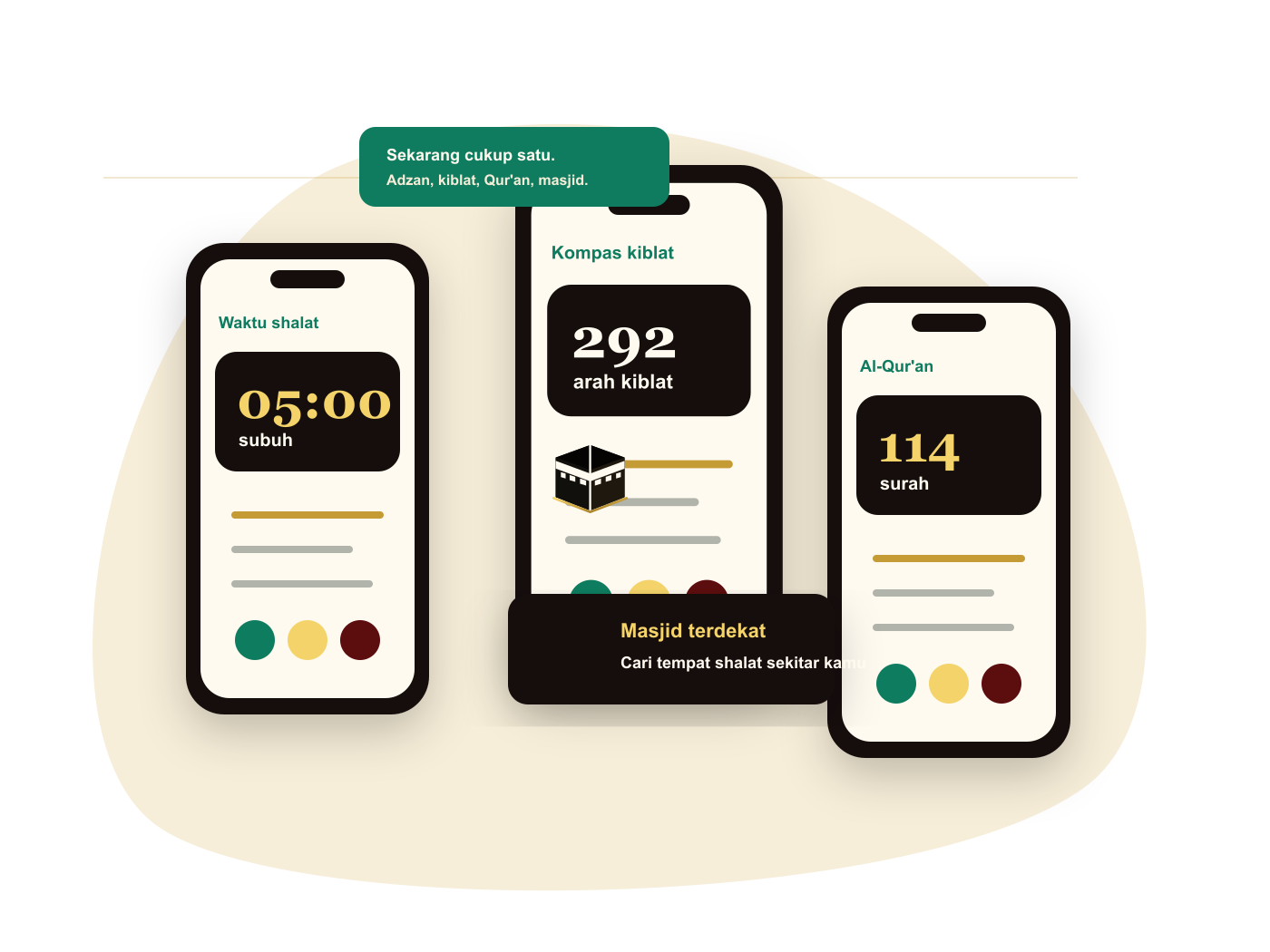 Adzan Box app screens for prayer time, qibla, Quran, mosque, and commerce